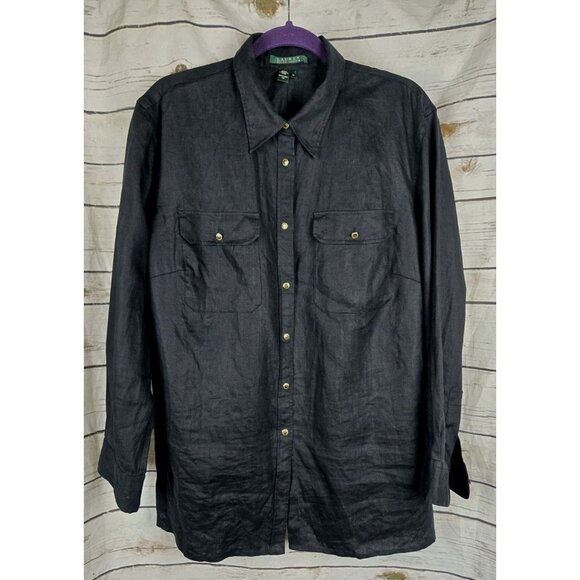 Ralph Lauren Black 100%  Linen Top 1X Gold Buttons Coastal Grandma Womens Beachy - Picture 1 of 5